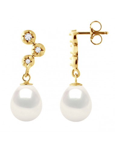Boucles d'Oreilles Prestige Perles Poires 9-10 mm - Diamants 0.120 Cts - Joaillerie Or 375 - WAGRAM