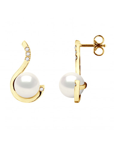Boucles d'Oreilles PRESTIGE - Perles Rondes 8-9 mm - Diamants 0.080 Cts - Joaillerie Or 375 - FOCH