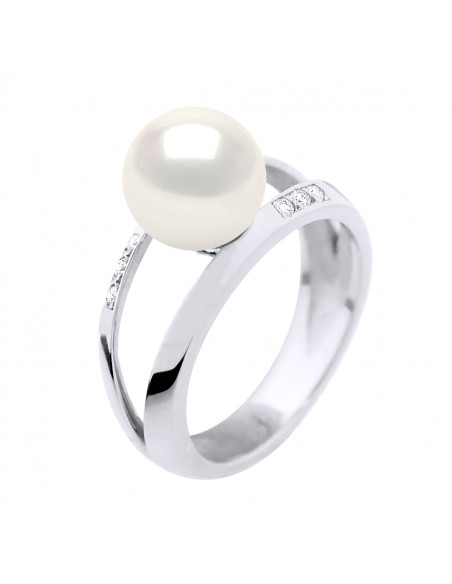 Bague PRESTIGE Perle Ronde 8-9 mm - Diamants 0.060 Cts - Jonc Joaillerie Or 375 - IENA