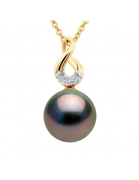 Round Tahitian Pearl Pendant 9-10 mm - Diamonds 0.030 CTS - Gold 375 - Uina