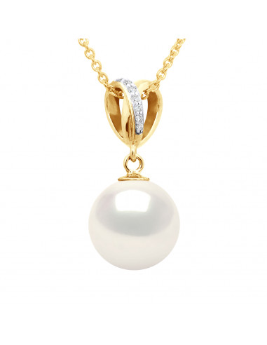 Pendentif Joaillerie Perles Rondes - Tailles de 9 à 11 mm - Diamants 0.030 Cts - Or 375 - Chaîne Offerte - GAMBETTA