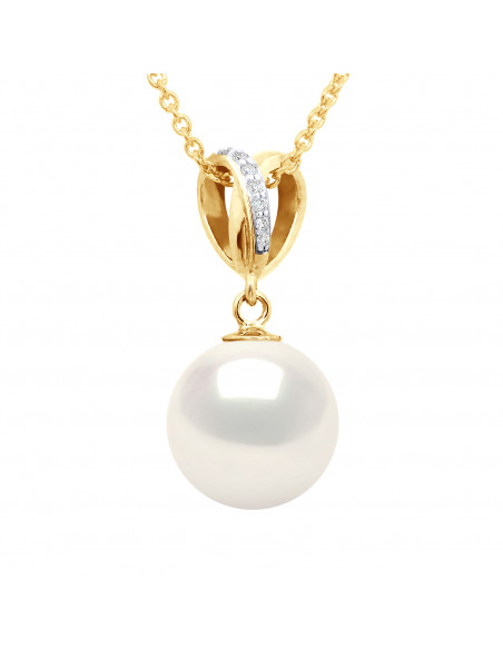 Pendentif Joaillerie Perles Rondes - Tailles de 9 à 11 mm - Diamants 0.030 Cts - Or 375 - Chaîne Offerte - GAMBETTA