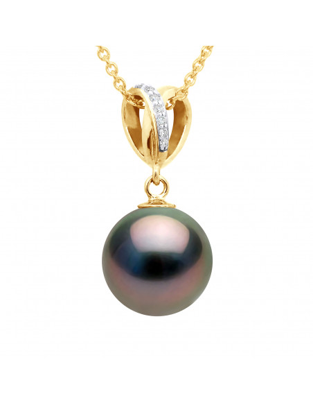 Round Tahitian Pearl Pendant 10-11 mm - Diamonds 0.030 CTS - Jewelry Gold 375 - Ataata