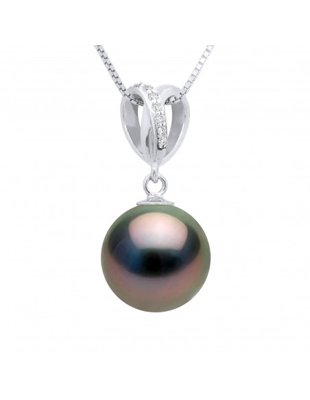 Round Tahitian Pearl Pendant 10-11 mm - Diamonds 0.030 CTS - Jewelry Gold 375 - Ataata
