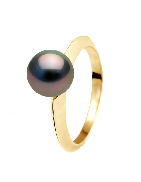 Bague Jonc Biseauté - Perle de Tahiti Ronde 8-9 mm - Or 375 - NEHENEHE