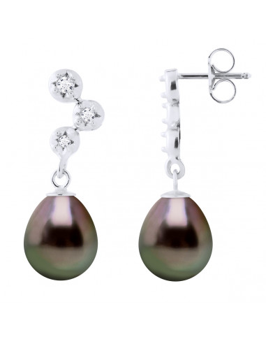 Boucles d'Oreilles PRESTIGE Perles de Tahiti Poires 9-10 mm - Diamants 0.12 Cts - Joaillerie Prestige Or 375 - BORA BORA