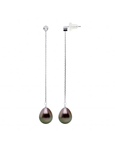 Boucles d'Oreilles Pendantes Perles de Tahiti Poires 9-10 mm - Diamants 0.020 Cts - Joaillerie Or 375 - TAVANA