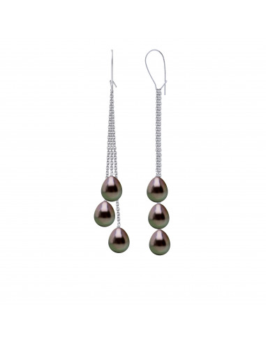 Boucles d'Oreilles Pendantes 6 Perles de Tahiti Poires 8-9 mm - Or 750 - RAPANGO