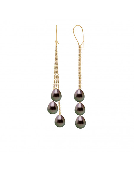Boucles d'Oreilles Pendantes 6 Perles de Tahiti Poires 8-9 mm - Or 750 - RAPANGO