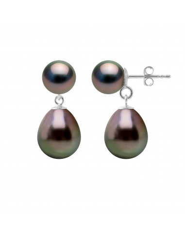 Boucles d'Oreilles Duo Perles de Tahiti Rondes 7-8 mm et Poires 9-10 mm - Système Poussettes - Or 375 - TIKEHAU