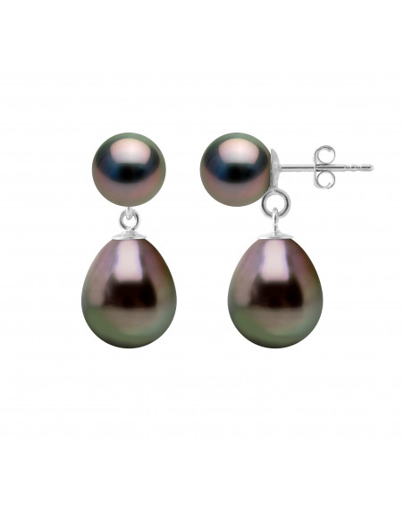Boucles d'Oreilles Duo Perles de Tahiti Rondes 7-8 mm et Poires 9-10 mm - Système Poussettes - Or 375 - TIKEHAU