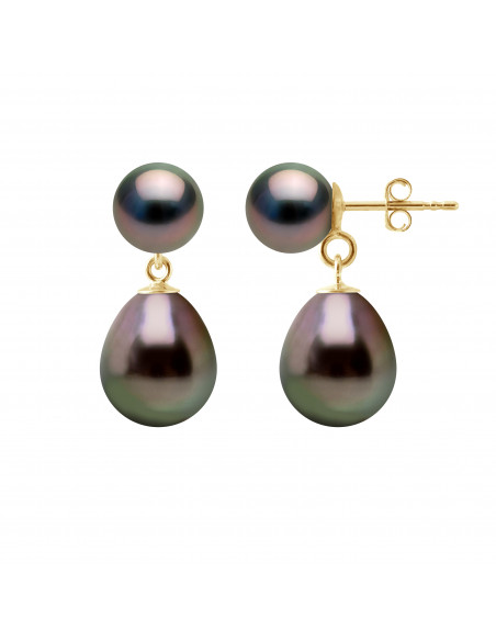 Boucles d'Oreilles Duo Perles de Tahiti Rondes 7-8 mm et Poires 9-10 mm - Système Poussettes - Or 375 - TIKEHAU