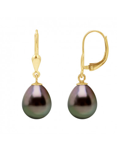 Boucles d'Oreilles Pendantes Perles de Tahiti Poires 9-10 mm - Système Brisures - Or 375 - PAPEETE