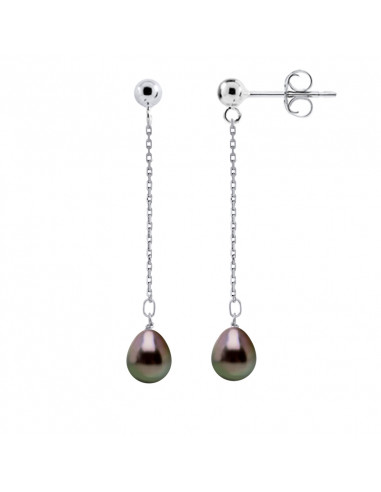 Boucles d'Oreilles Pendantes Perles de Tahiti 8-9 mm - Systèmes Poussettes Or 375 - URUKOA