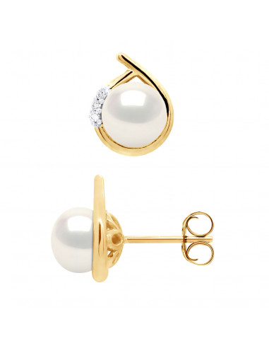 Boucles d'Oreilles Perles Boutons 7-8 mm - Diamants 0.060 Cts - Système Poussettes - Or 375 - CLICHY
