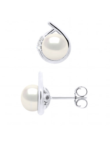 Boucles d'Oreilles Perles Boutons 7-8 mm - Diamants 0.060 Cts - Système Poussettes - Or 375 - CLICHY