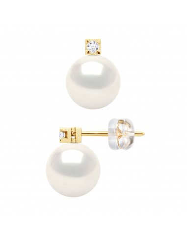 Boucles d'Oreilles PRESTIGE Perles Rondes 8-9 mm  - Diamants 0.040 Cts - Joaillerie Or 375 - EIFFEL