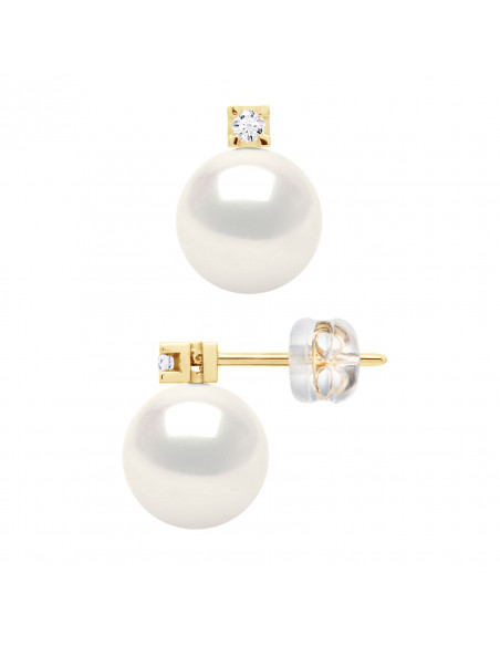 Earrings PRESTIGE Round Beads 8-9 mm - Diamonds 0.040 Cts - Gold Jewellery 375 - EIFFEL