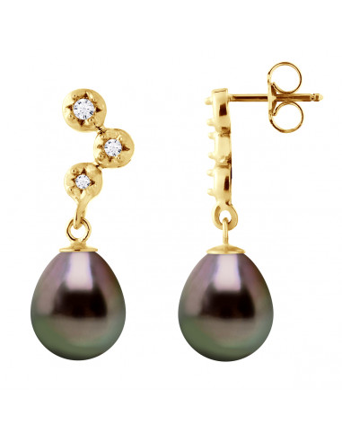 Boucles d'Oreilles PRESTIGE Perles de Tahiti Poires 9-10 mm - Diamants 0.12 Cts - Joaillerie Prestige Or 375 - BORA BORA