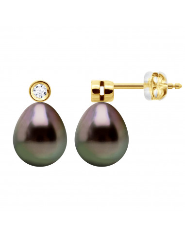 Boucles d'Oreilles Perles de Tahiti Poires 8-9 mm - Diamants 0.020 Cts - Joaillerie Or 375 - NAPARO