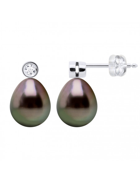Boucles d'Oreilles Perles de Tahiti Poires 8-9 mm - Diamants 0.020 Cts - Joaillerie Or 375 - NAPARO