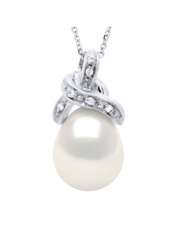 Colliers Pendentif Joaillerie Perles Poires - Tailles de 9 à 12 mm - Diamants 0.040 Cts - Or 750 - Chaîne Forçat - JOSEPHINE