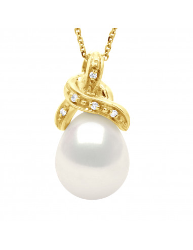 Colliers Pendentif Joaillerie Perles Poires - Tailles de 9 à 12 mm - Diamants 0.040 Cts - Or 750 - Chaîne Forçat - JOSEPHINE