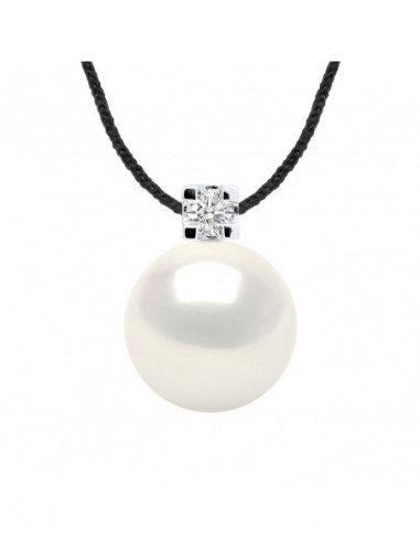 Collier Lien Cordon Perle 9-10 mm - Diamant 0.050 Cts - Joaillerie Argent 925 - MONTE CARLO