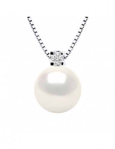 Collier Joaillerie Perle Ronde 9-10 mm - Diamant 0.050 Cts - Chaîne Vénitienne - Argent 925 - MEGEVE