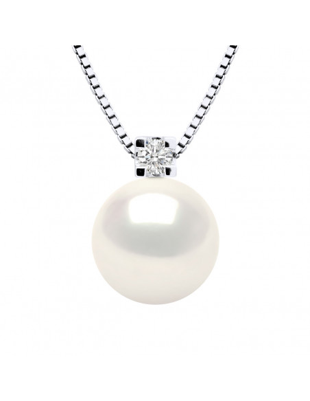 Necklace Jewelry Round Pearl 9-10 mm - Diamond 0.050 CTS - Venetian Chain - Silver 925 - Megeve
