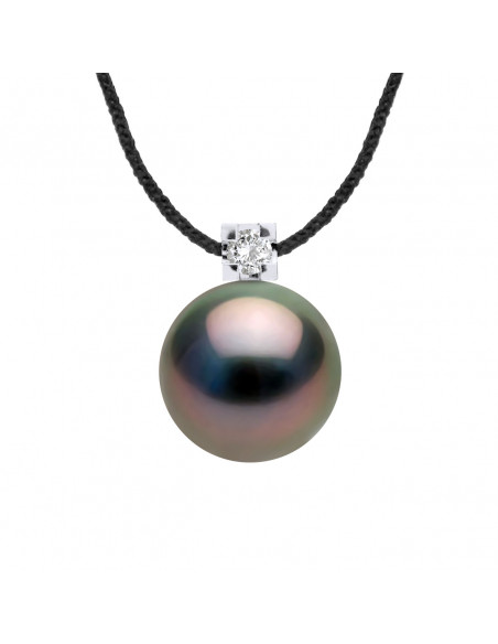 Collier Lien Cordon Tahiti Perle Ronde 8-9 mm - Diamant 0.030 Cts - Joaillerie Argent - POERIMA