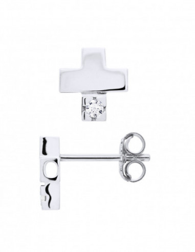 Boucles d'Oreilles Solitaires Croix Diamants - 0.060 Cts - Argent 925 - ROMA