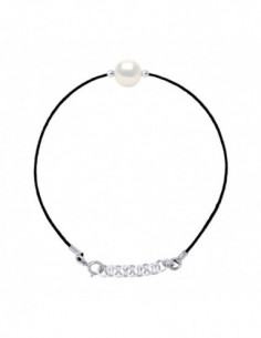 Bracelet Lien Cordon Noir Perle Ronde 9-10 mm - Argent...