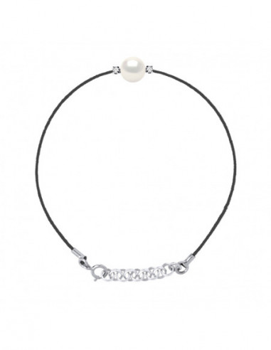Bracelet Lien Cordon Perle Ronde 8-9 mm - Diamants 0.060 Cts - Joaillerie Argent 925 - MEGEVE