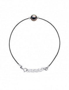 Bracelet Lien Cordon Noir Perle de Tahiti Ronde 8-9 mm -...