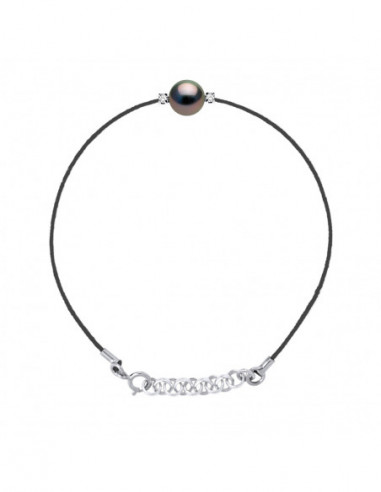 Bracelet Lien Cordon Noir Perle de Tahiti Ronde 8-9 mm - Diamants 0.06 Cts - Argent 925 - BIARRITZ