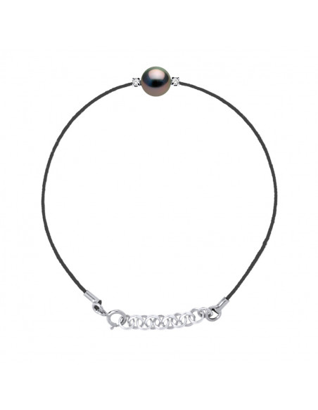 Bracelet Lien Cordon Noir Perle de Tahiti Ronde 8-9 mm - Diamants 0.06 Cts - Argent 925 - BIARRITZ
