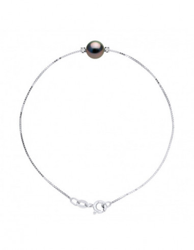 Bracelet Perle de Tahiti Ronde 8-9 mm - Diamants 0.06 Cts - Chaîne Vénitienne Argent 925 - BIARRITZ