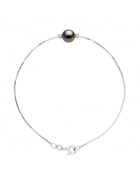 Bracelet Perle de Tahiti Ronde 8-9 mm - Diamants 0.06 Cts - Chaîne Vénitienne Argent 925 - BIARRITZ