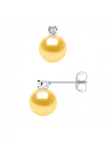 Boucles d'Oreilles Perles Rondes 7-8 mm - Diamants 0.06 Cts - Plusieurs Coloris - Joaillerie Argent 925 - MEGEVE