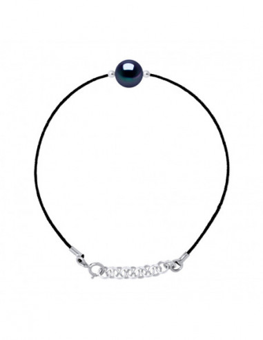 Bracelet Lien Cordon Noir Perle Ronde 9-10 mm - Argent 925 - MARAIS