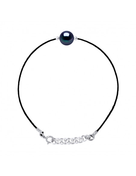 Bracelet Lien Cordon Noir Perle Ronde 9-10 mm - Argent 925 - MARAIS