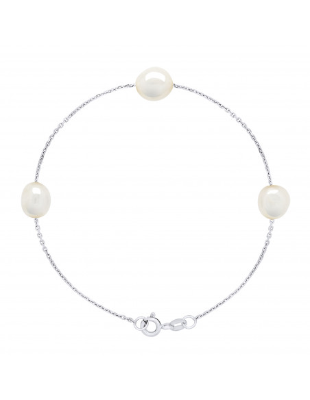 Bracelet 3 Perles Baroques 8-9 mm - Chaîne Forçat Argent 925 - CABOURG