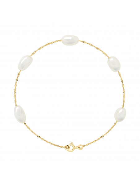 Bracelet 5 Perles Baroques 5-6 mm - Chaine Singapour - Or 375 - LUTECE