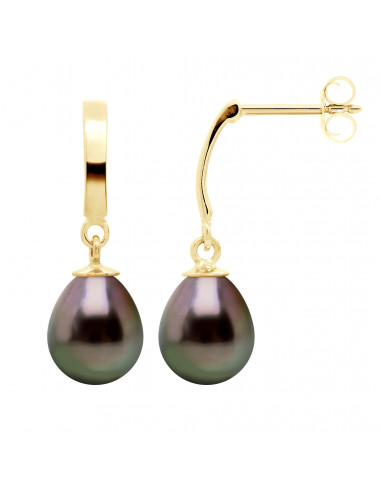 Boucles d'Oreilles Pendantes Perles de Tahiti Poires 8-9 mm - Système Poussettes - Or 375 - OROPUKA