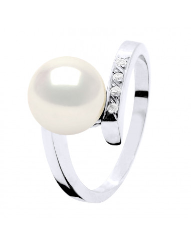 Bague Jonc Joaillerie Perle Ronde 8-9 mm - Diamants 0.040 Cts - Or 375 - VERSAILLES