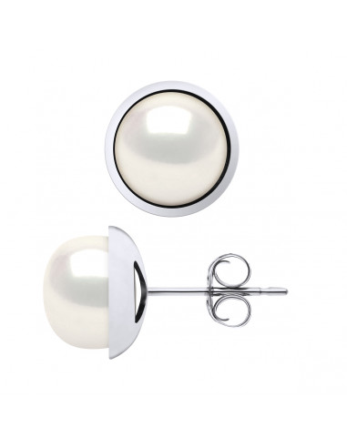 Boucles d'Oreilles Perles Boutons 10-11 mm - Entourage Lisse - Or 375 - VAISEAU