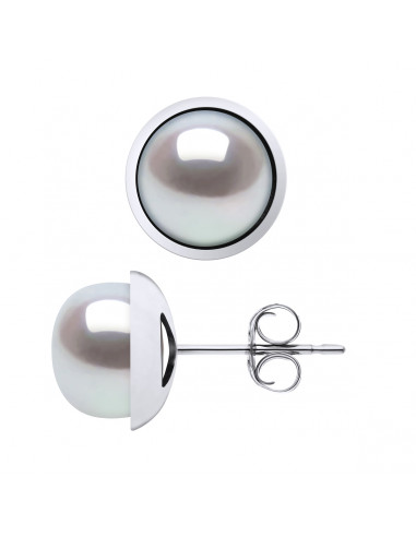 Boucles d'Oreilles Perles Boutons 10-11 mm - Entourage Lisse - Or 375 - VAISEAU