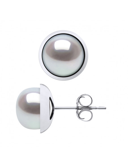 Boucles d'Oreilles Perles Boutons 10-11 mm - Entourage Lisse - Or 375 - VAISEAU
