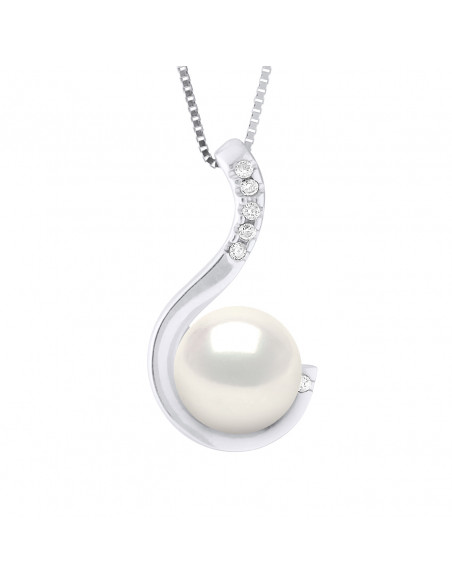 Collier Joaillerie Perle Ronde 9-10 mm - Diamants 0.060 Cts - Or 375 - Chaîne Vénitienne - FOCH